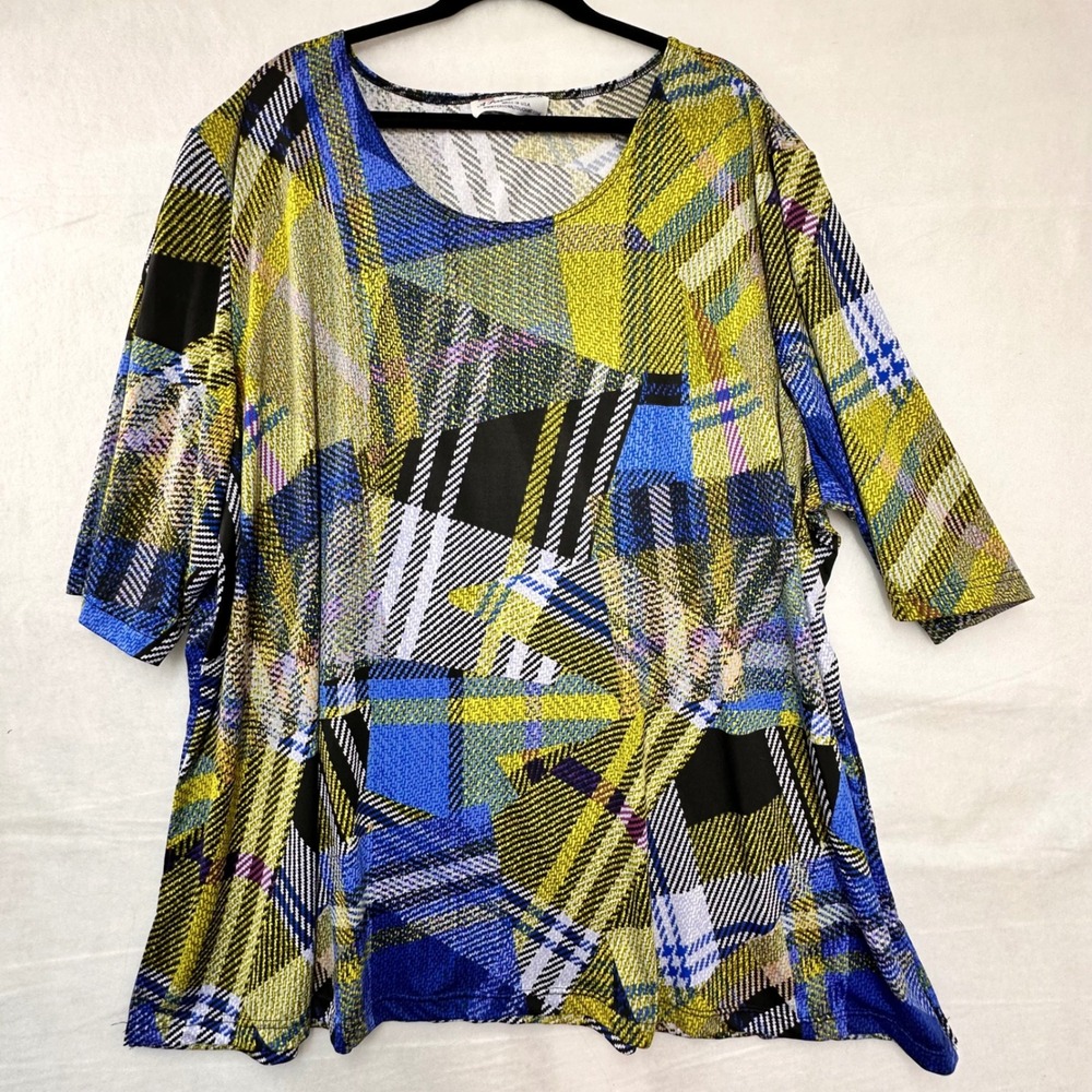 A Personal Touch Womens Blue Lime Green Abstract Plaid Tunic Top‎ Made in USA